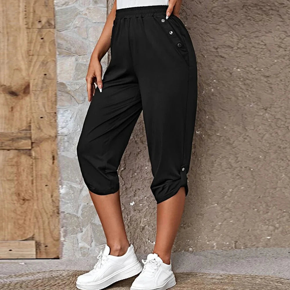 Women Elastic Waist Casual Trousers Bottom Elegant Office Lady Loose Cropped Pants
