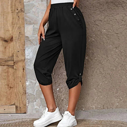 Women Elastic Waist Casual Trousers Bottom Elegant Office Lady Loose Cropped Pants