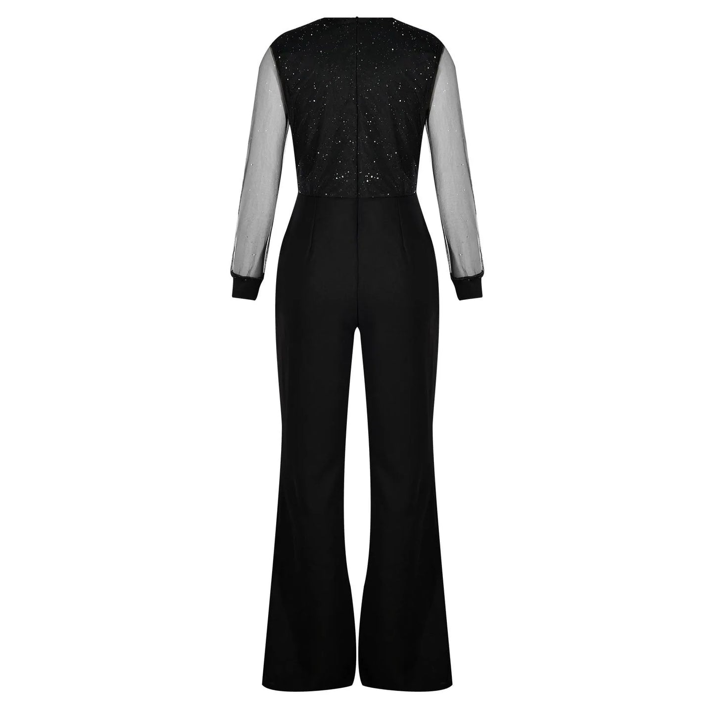 Black Jumpsuits Mesh Patchwork, Backless Long Sleeve Sequined