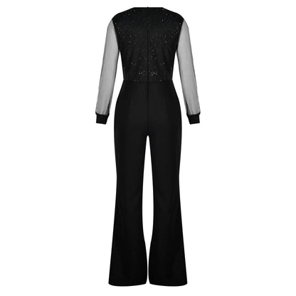 Black Jumpsuits Mesh Patchwork, Backless Long Sleeve Sequined