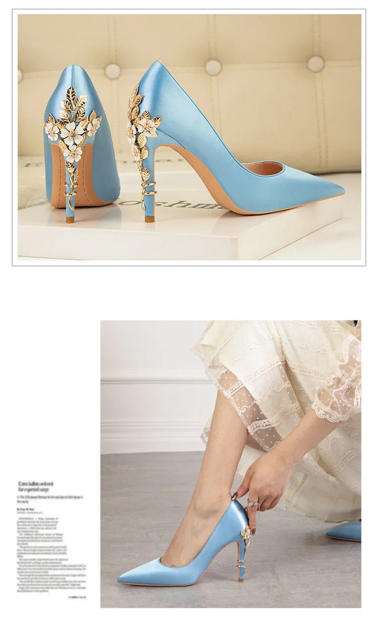 Women's Metal Flowers Stiletto High-heel Shoes Female  Light Luxury Wedding Shoes Pointed Toe