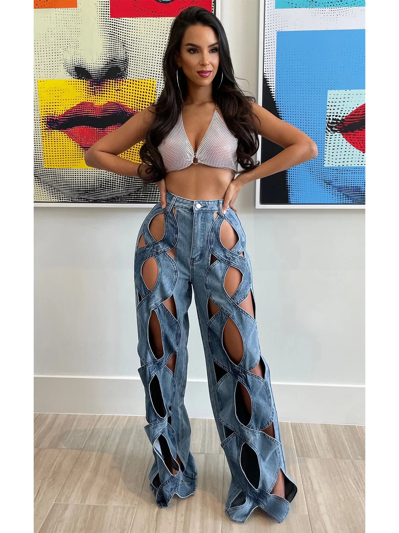 Vintage Cutout Hollow Out Criss Cross Straight Denim Pants High Waist Wide Leg Jeans Trousers