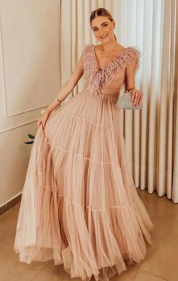 Elegant Wedding Dress Puffy Feather Sleeve Prom Dress Dusty Pink Ruched Backless Long Bridesmaids Gowns