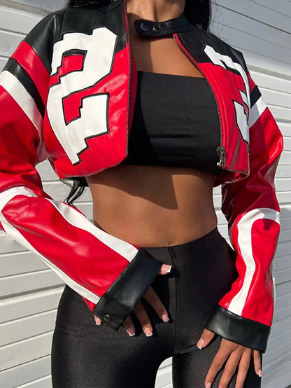 Faux Leather Jacket Short Red Coat Zipper Bomber Jacket Edgy Motorcycle Style