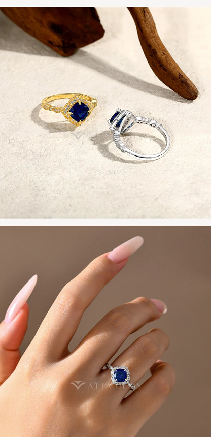 ATTAGEMS Classical Blue Sapphire Ring Cushion Cut 2.0ct DVVS1 Real 925 Sterling Silver For Women Engagement Wedding Fine Jewelry
