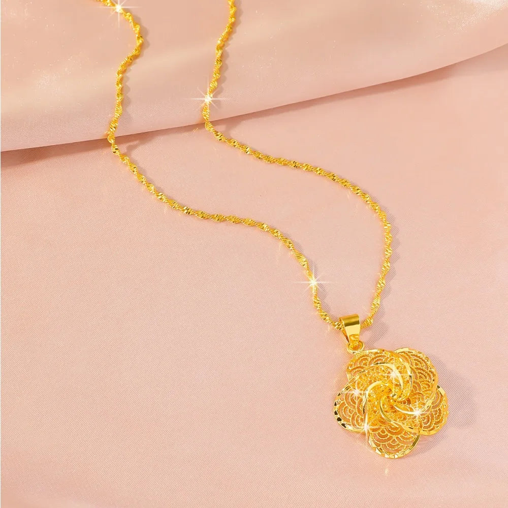 Luxury 24K 9999 Pure Gold real gold Women's Large Hollow Flower Pendant Necklace