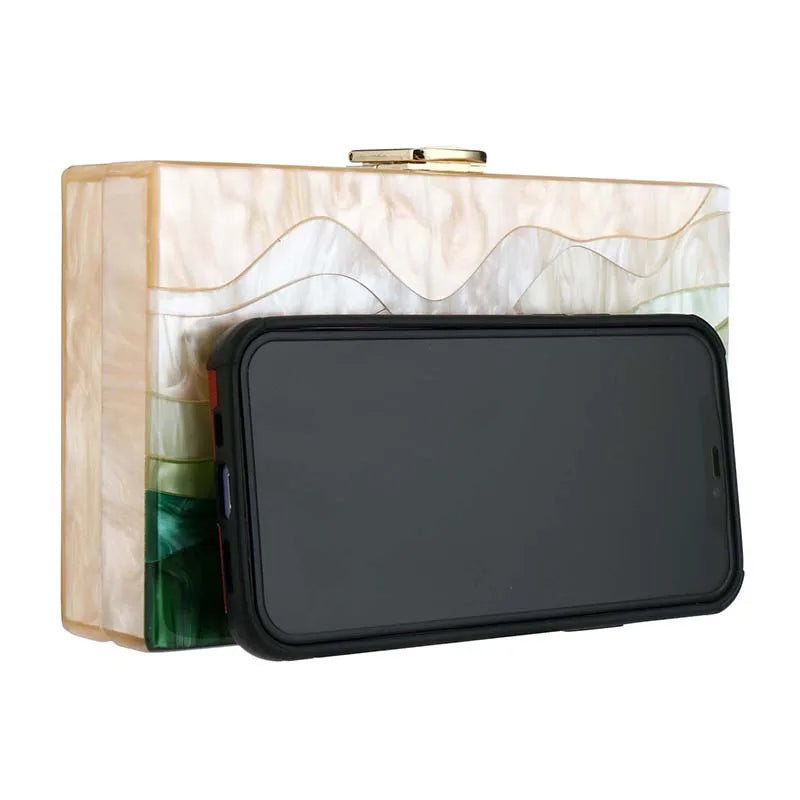 Womens Handbag Green Beige Striped Acrylic Luxury Casual Cute Box Clutch Purse