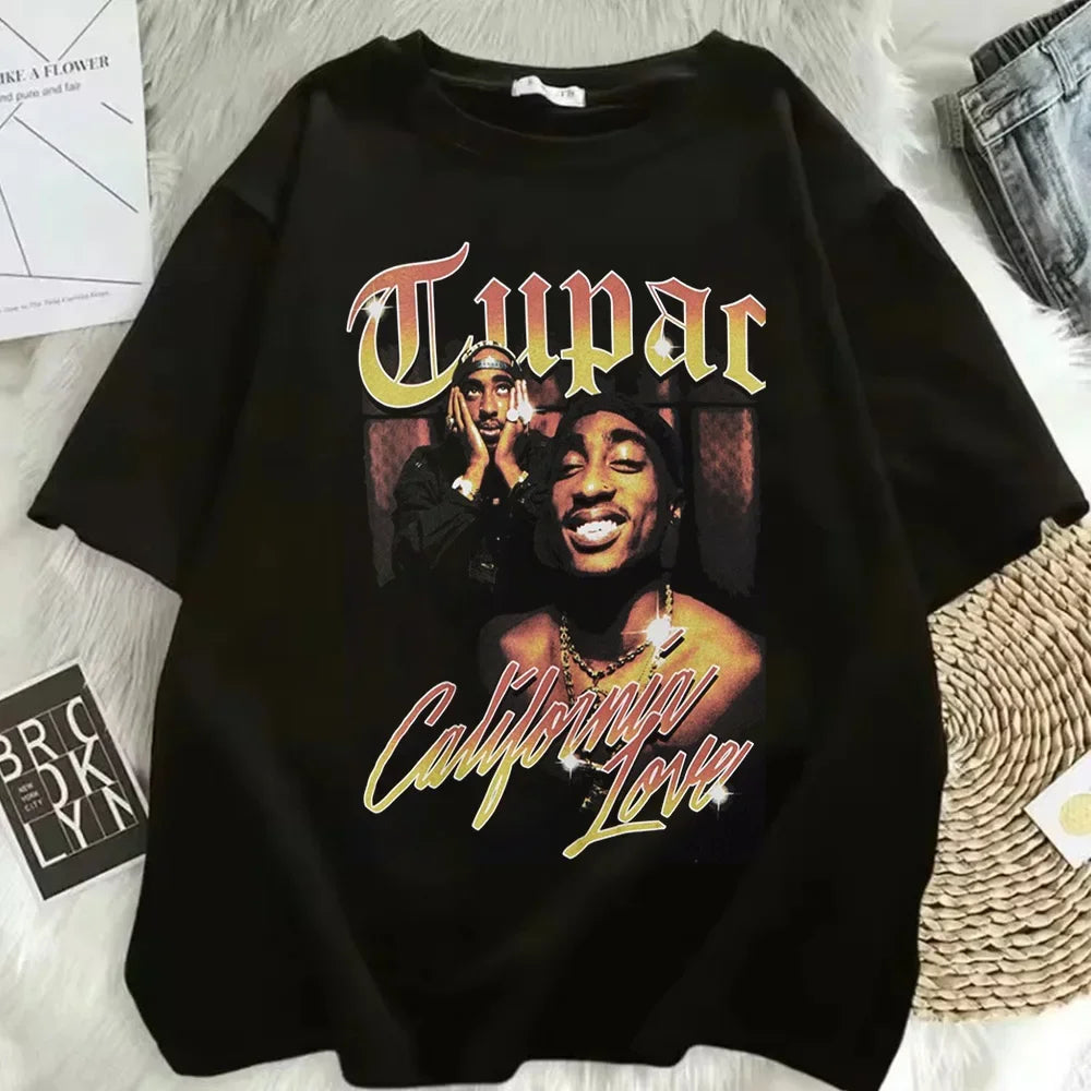 Summer Fashion T-shirt Rapper Tupac Top Hip-hop Street T-shirt with Printed Patterns Short-sleeved T-shirt for Men and Women