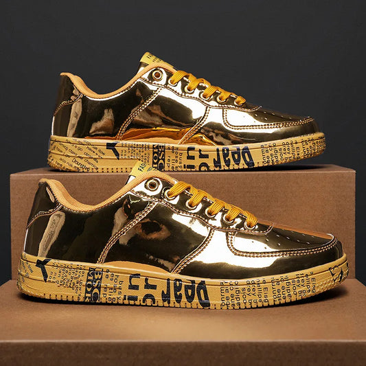 Brand Fashion Mirror Luxury Shoes for Men Women Glitter Leather Shoes Casual Men Golden