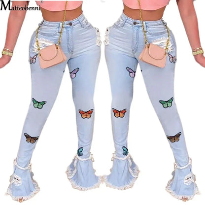 Butterfly Embroidery Denim Flare Pants Women High Waist Skinny Jeans Wide Leg Casual Bell Bottom Jeans Light blue / S Light blue / XXL Light blue / XL Light blue / S-Light blue / XXL-Light blue / XL-Light blue / L-Light blue / M-Light blue / XXXL-