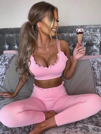 Solid Color Wood Ear Bra & Hip-Lifting High Waist Leggings Pants Fitness Yoga Two Pieces Set