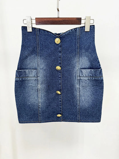 Women'S Double Breasted Slim Fit Denim Blazer Long Sleeve Jean Jacket High Waisted Pencil Mini Skirt Set