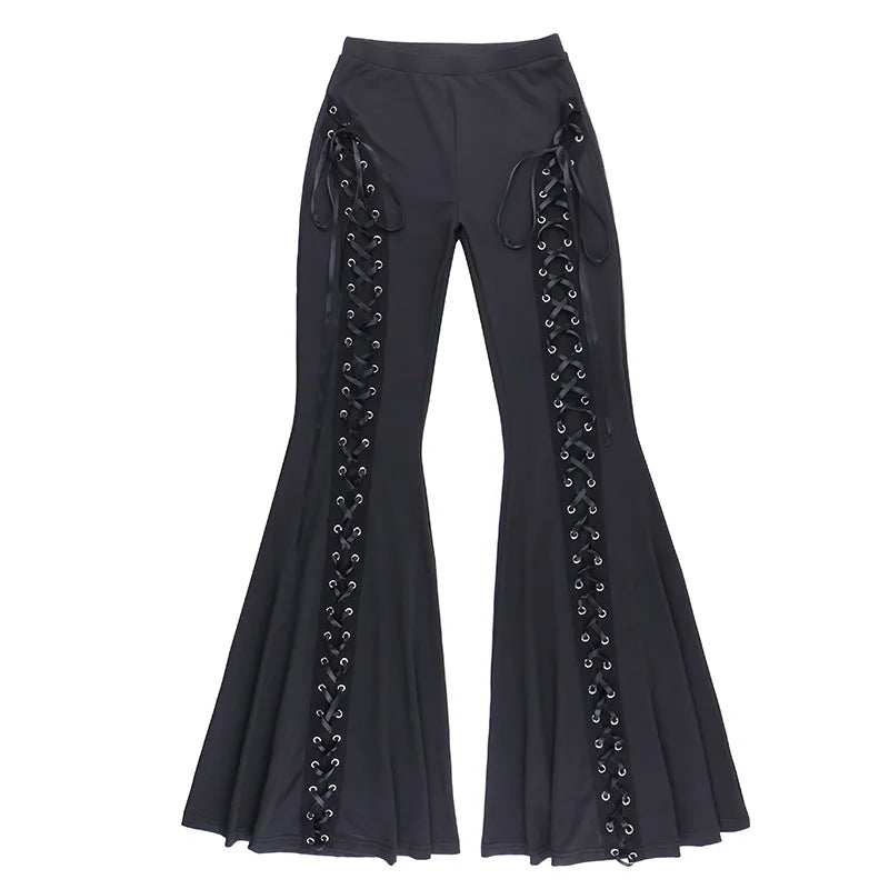 Dark Black Punk Flared Pants Long Trouser Women Lace Up Front Hollow Cut Out Bell Bottom Tied Up High Waist