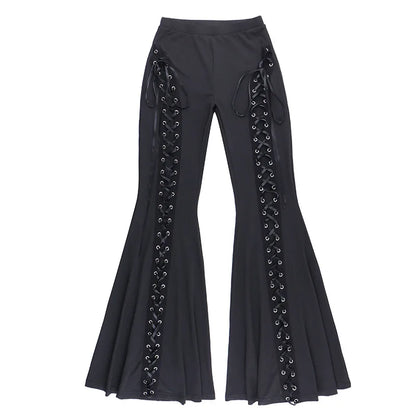 Dark Black Punk Flared Pants Long Trouser Women Lace Up Front Hollow Cut Out Bell Bottom Tied Up High Waist
