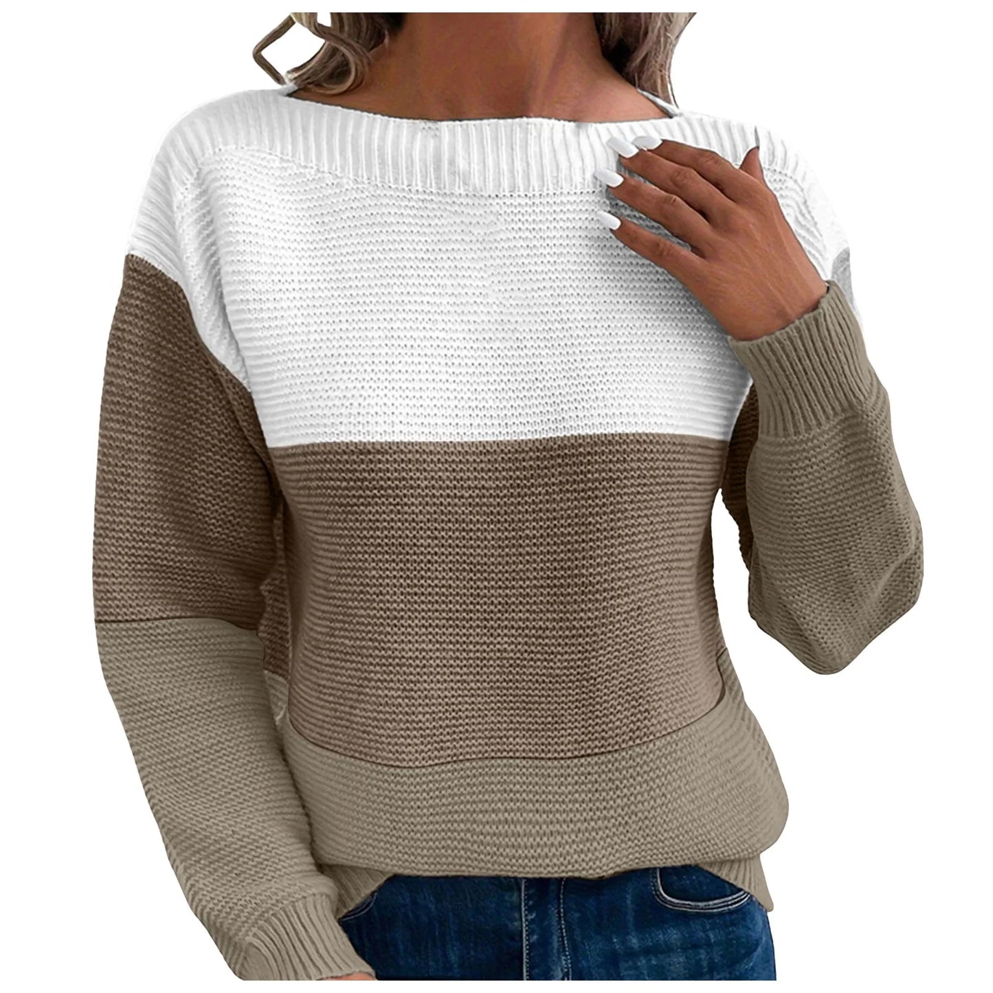 Dressy Sweater For Women Patchwork Color Block Long Sleeve Bateau Neck Elegant Pullover