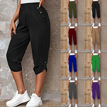 Women Elastic Waist Casual Trousers Bottom Elegant Office Lady Loose Cropped Pants