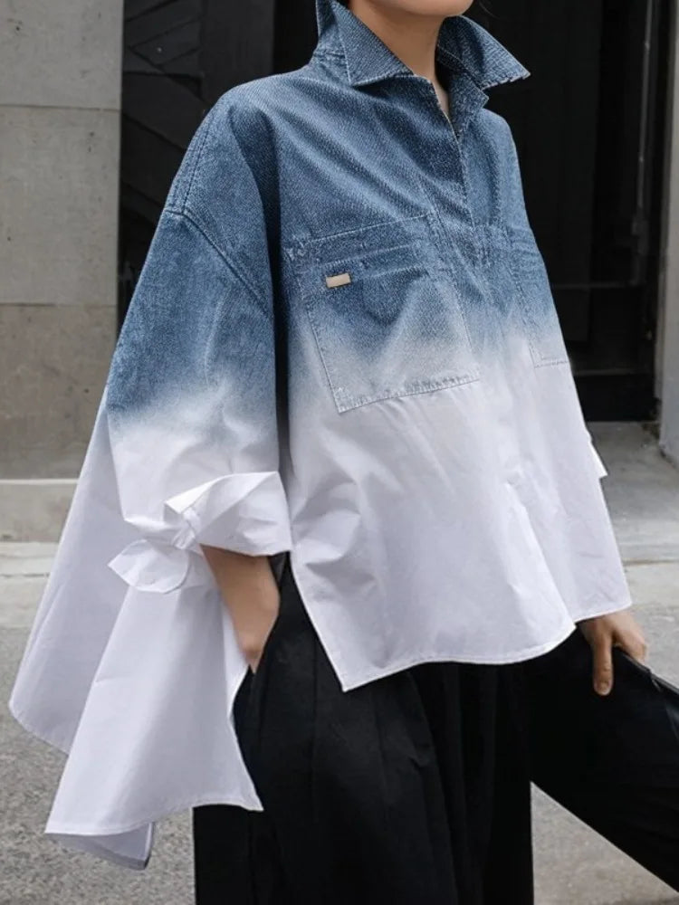 Women Shirt Lapel Collar Long Sleeves Buttoned Loose Fit Casual T-shirt Summer Gradient Color Split-Side Blouse