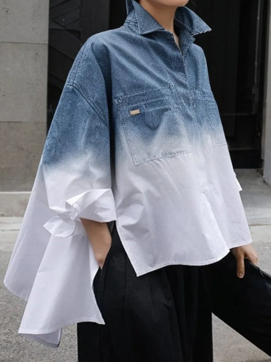 Women Shirt Lapel Collar Long Sleeves Buttoned Loose Fit Casual T-shirt Summer Gradient Color Split-Side Blouse