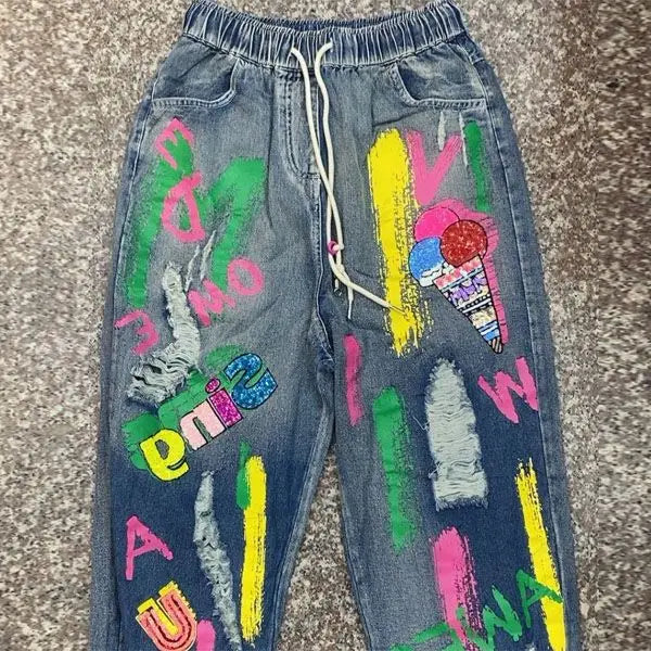 Sequin Letter Elastic Waist Jeans High Waist Denim Graffiti Print Harem Pants as photo / M as photo / L as photo / XL as photo / M-as photo / L-as photo / XL-