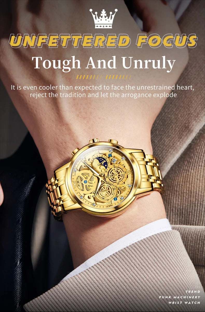 Top Brand Luxury Original Waterproof Quartz Watch for Man Gold Skeleton Style 24 Hour Day Night New