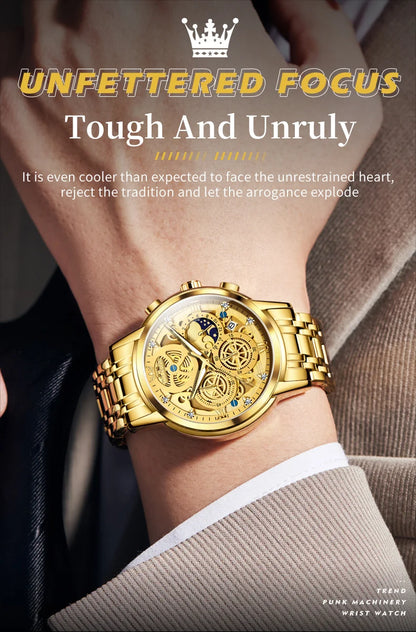 Top Brand Luxury Original Waterproof Quartz Watch for Man Gold Skeleton Style 24 Hour Day Night New