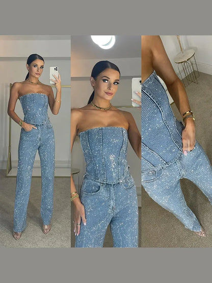 Diamond Vest Jeans Set For Women Sleveless Tube Tops High Waist Pocket Denim