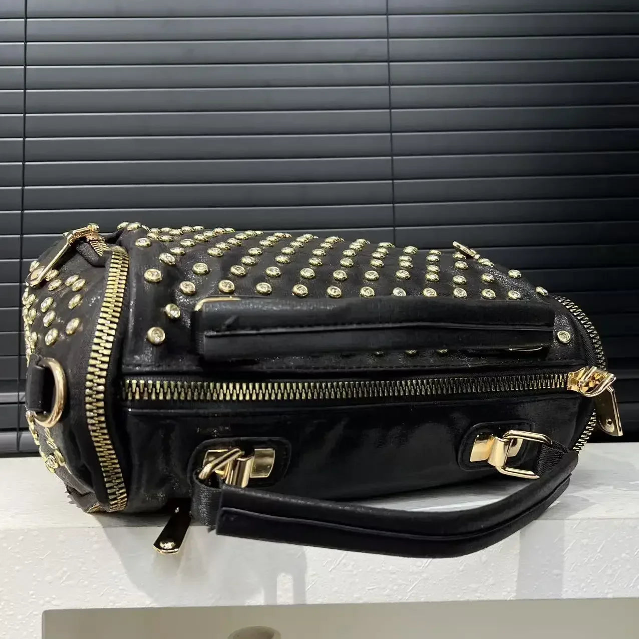 Ladies' diamond studded nylon tote bag with leopard pattern