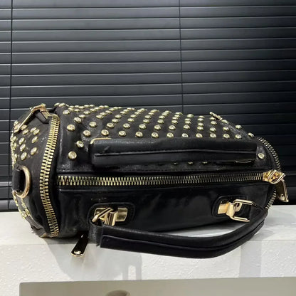 Ladies' diamond studded nylon tote bag with leopard pattern