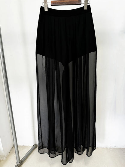 Women's Mesh Splicing Bead Sequin Blazer Wide legs Chiffon Pants Set Suit