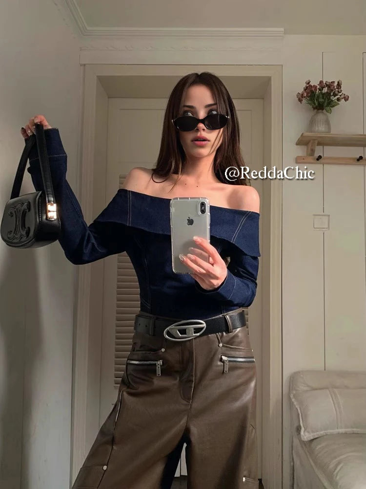 Denim Off Shoulder Blouse Top Plain Blue Long Sleeves T-shirt Blue / S Blue / L Blue / M Blue / S-Blue / L-Blue / M-