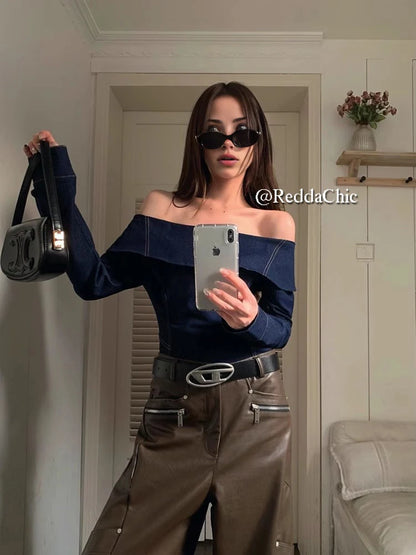 Denim Off Shoulder Blouse Top Plain Blue Long Sleeves T-shirt Blue / S Blue / L Blue / M Blue / S-Blue / L-Blue / M-