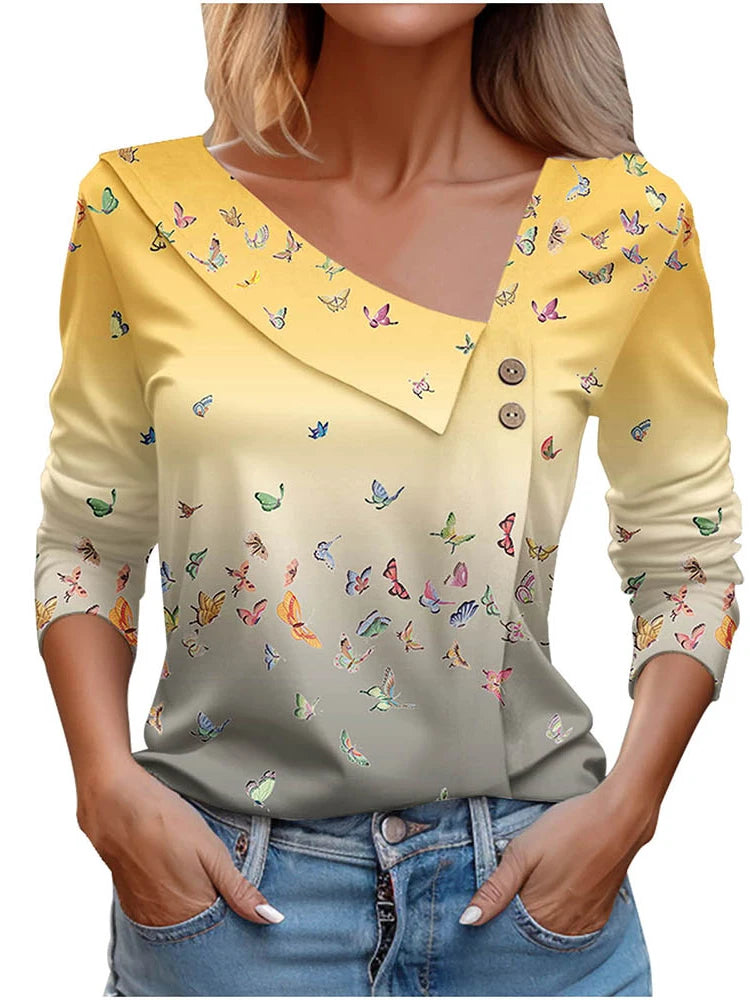T Shirt For Women Fashion Long Sleeve Top White Floral Print Shirt