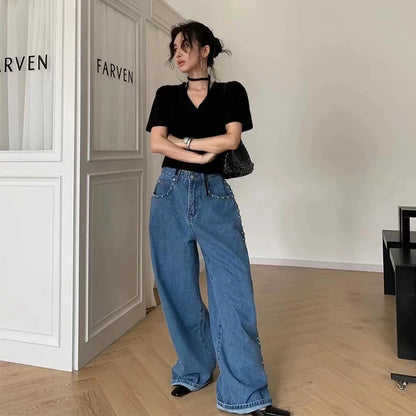 Metal Rivet Wide Leg Jeans Trousers Baggy Low Rise Pockets Denim