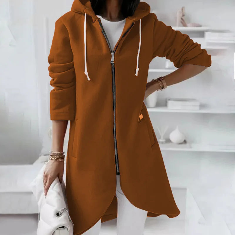 Autumn Women Long Hoodies Coat Zip Up Solid Hooded Casual Pockets Long Jackets