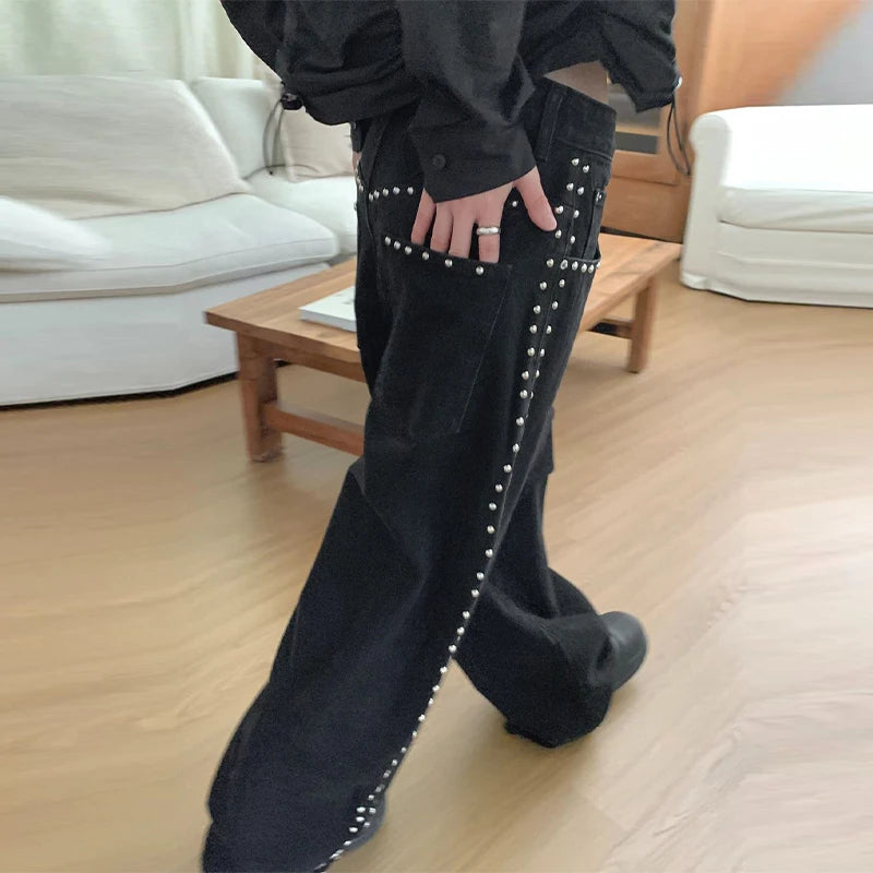 Metal Rivet Wide Leg Jeans Trousers Baggy Low Rise Pockets Denim
