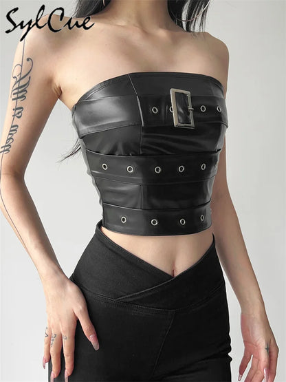 Retro Matte Black Mysterious All-Match Personality Fashionable Belt Chest Wrap Vest