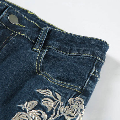 Woman's Flowers Embroidered Flared Denim Pants Slim Dragging Long Jeans