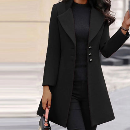 Womens Lapel Trench Coat Winter Wool Blend Mid Long Outwear Fleece Jacket Solid Color Elegant