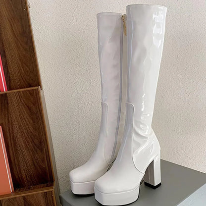 Chunky Heel Platform Women's Knee High Boots Comfortable Side Zipper WHITE / 10 / United States WHITE / 9 / United States 