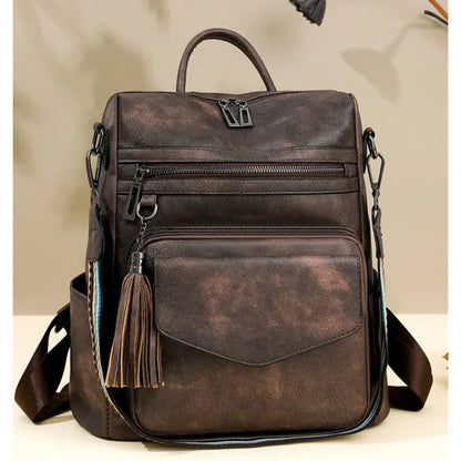 Backpack for Women Large Womens Backpack Leather Purse Designer Ladies Shoulder Bags with Tassel Two-toned Brown