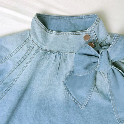 Women Denim Top Turtleneck Splice Puff Sleeve Shirts Loose Solid Pullovers Casual