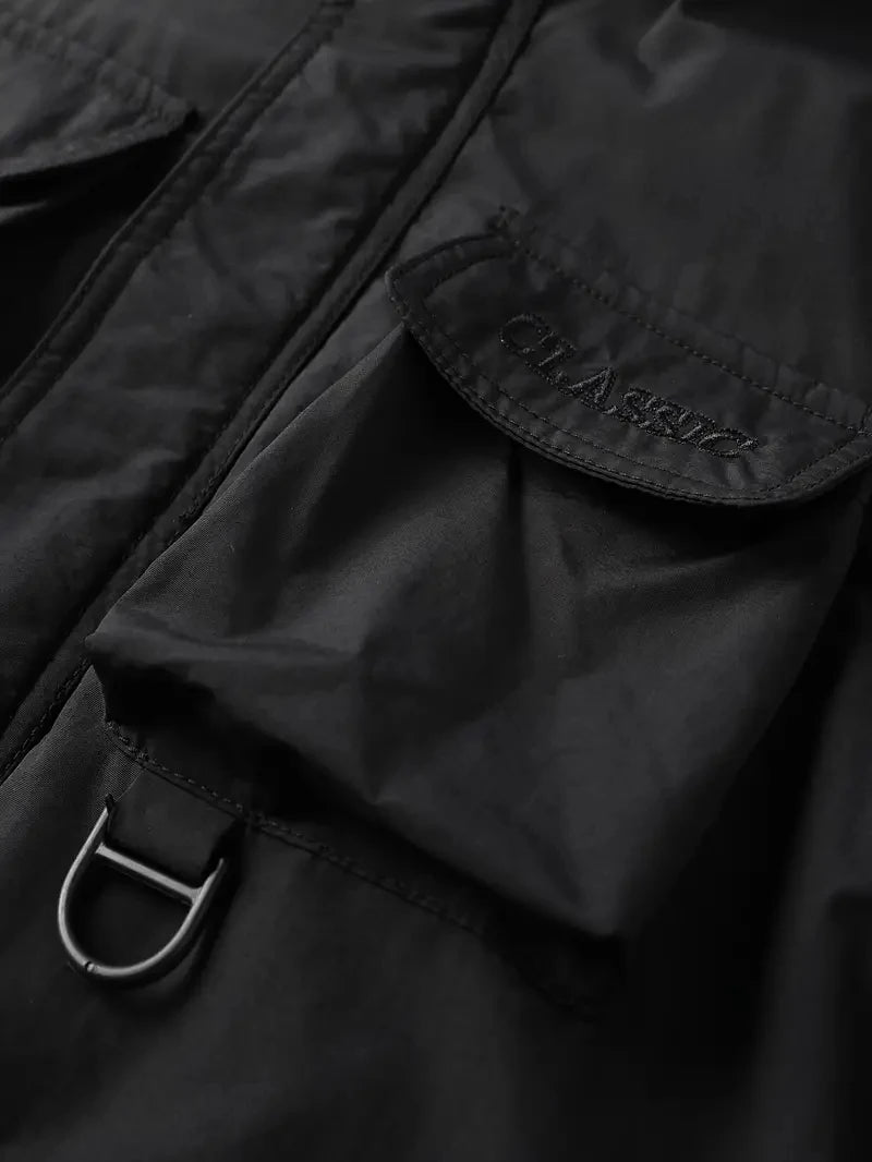 Detachable windproof sleeved hooded jacket suitable for outdoor activities men's casual waterproof multi pocket jacket vest