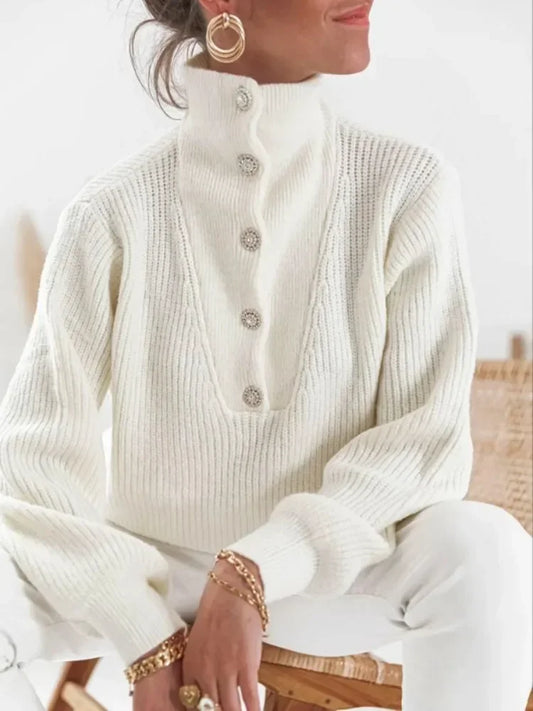 White High-Neck Sweaters Women Buttoned Long Sleeves Korean Style Knitted Pullover