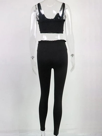Solid Color Wood Ear Bra & Hip-Lifting High Waist Leggings Pants Fitness Yoga Two Pieces Set