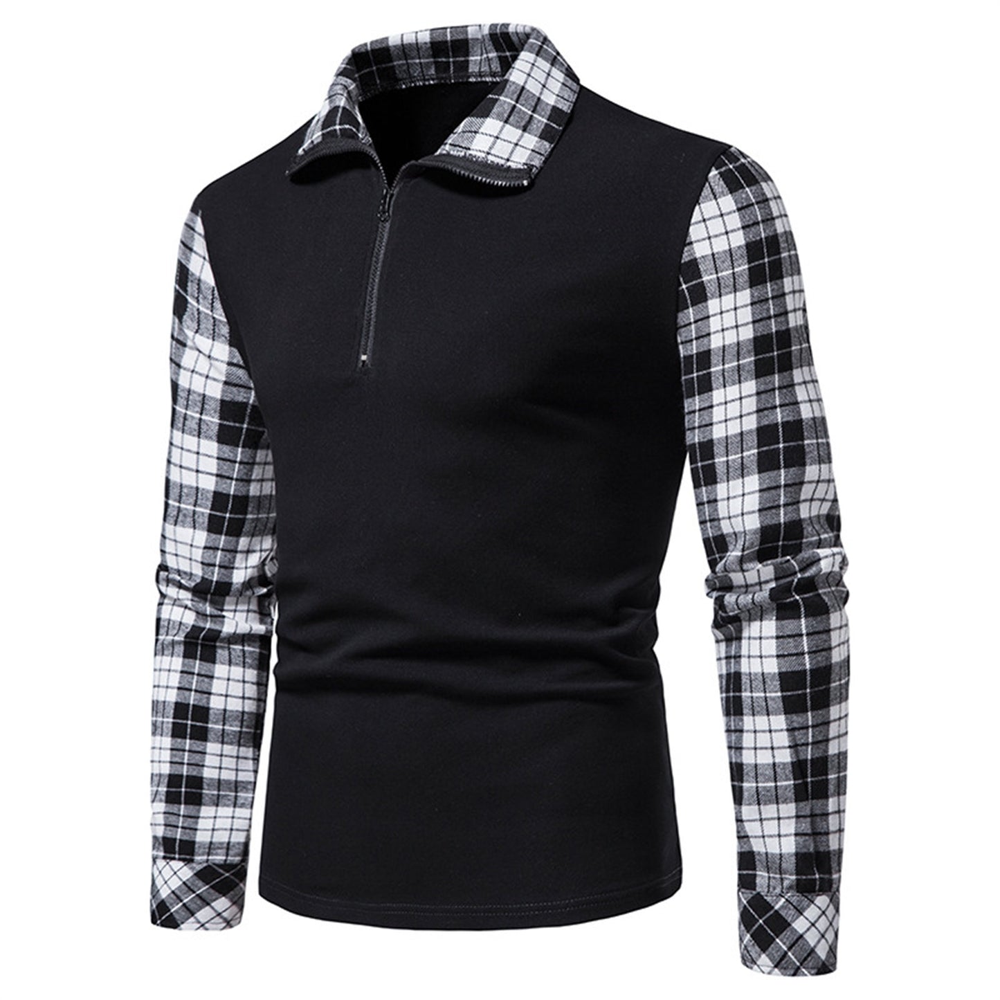 Men's Polo Shirt Zipper Long Sleeve Business Pullover Tops Formal Work Plaid