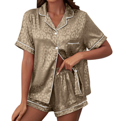 Womens Satin Printed Pajamas Sets Short Sleeved Lapel Silk