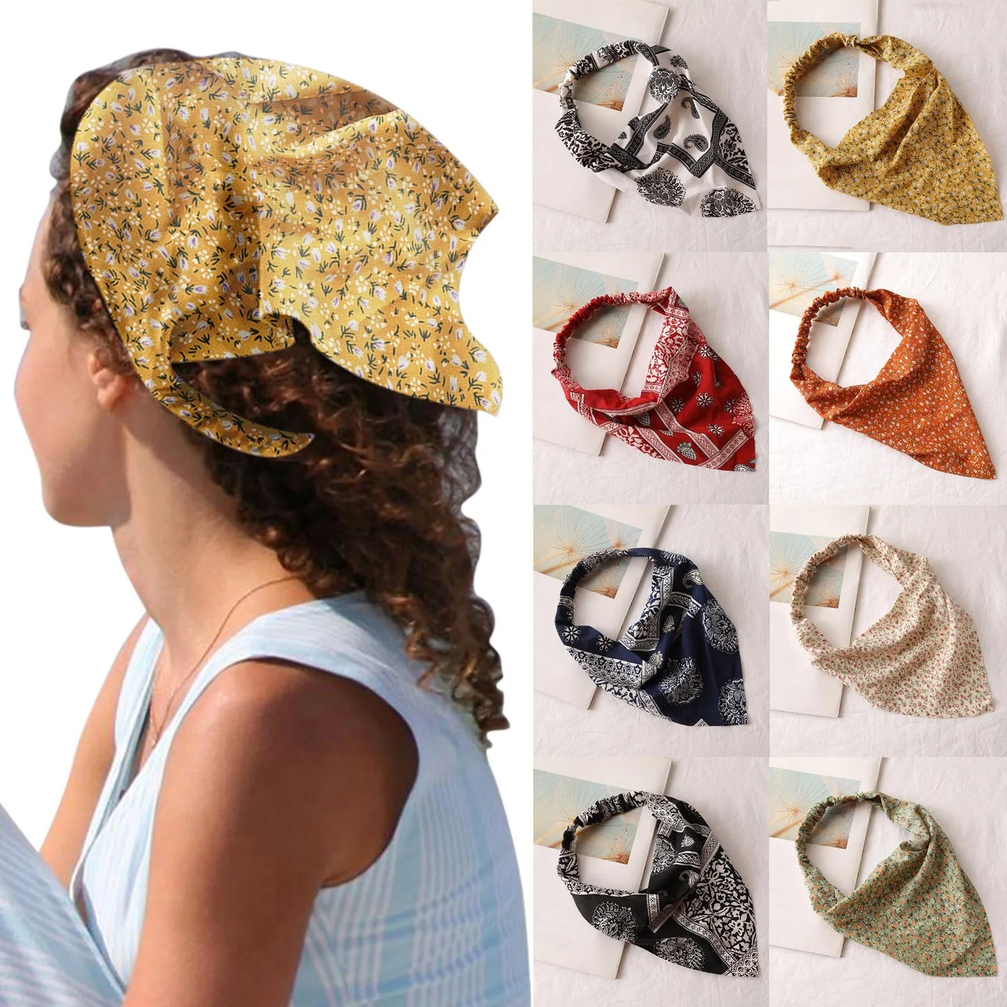 Floral Print Bohemian Makeup Hair Accessories Elastic Modis Headband Scarf Triangle