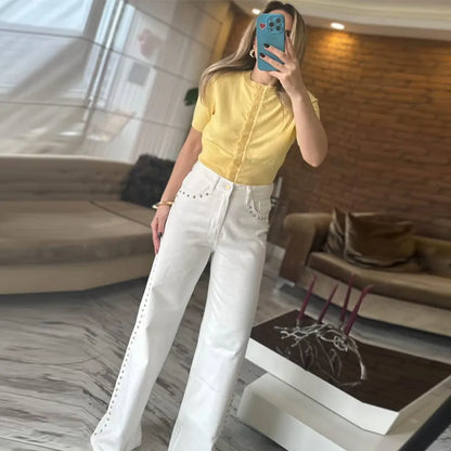 Metal Rivet Wide Leg Jeans Trousers Baggy Low Rise Pockets Denim