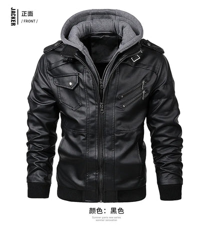 Motorcycle Leather Jacket Hat Detachable Men Hooded Slim Casual Coats