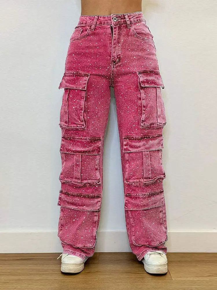 High Waist Cargo Denim Jeans With Full Rhinestones Sparkling Casual Baggy Pants Streetwear Chic Daily Trousers